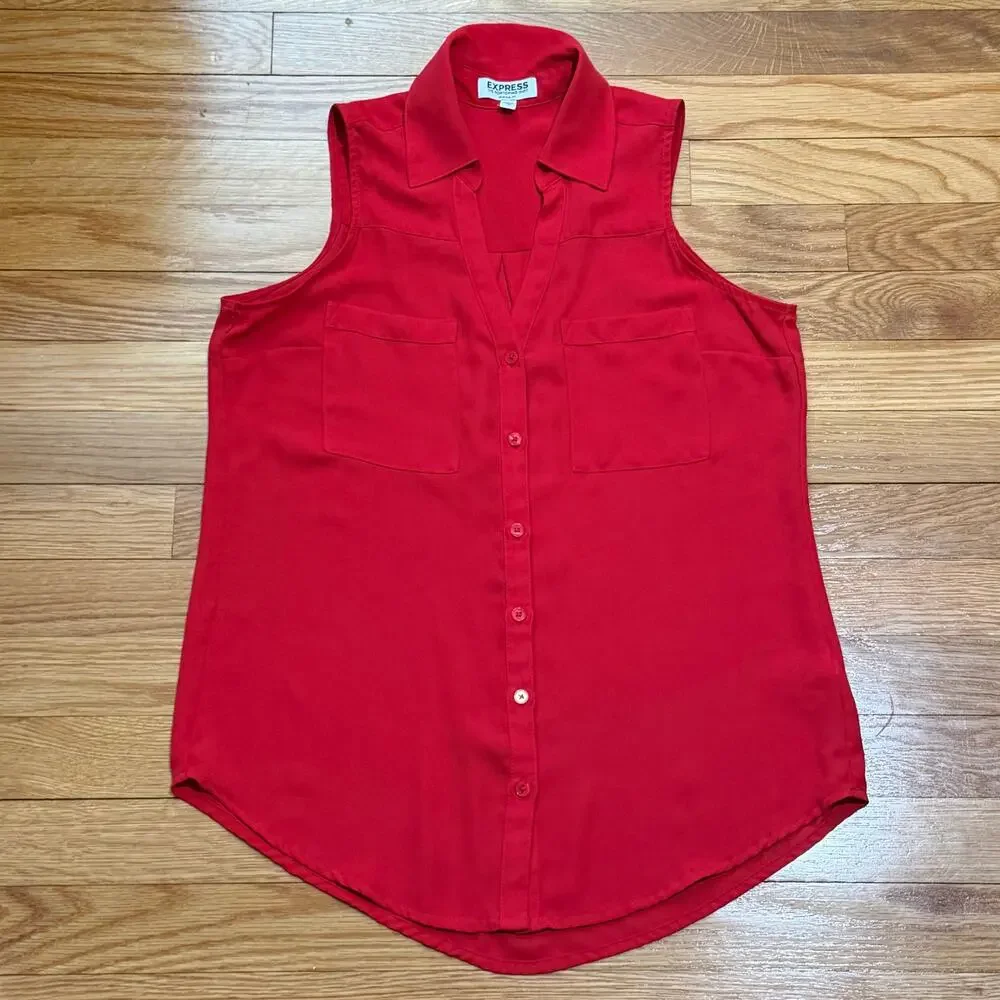 Express | Women's Portfino Sleeveless Button Shirt Original Fit Ruby Red XS - Picture 2 of 4
